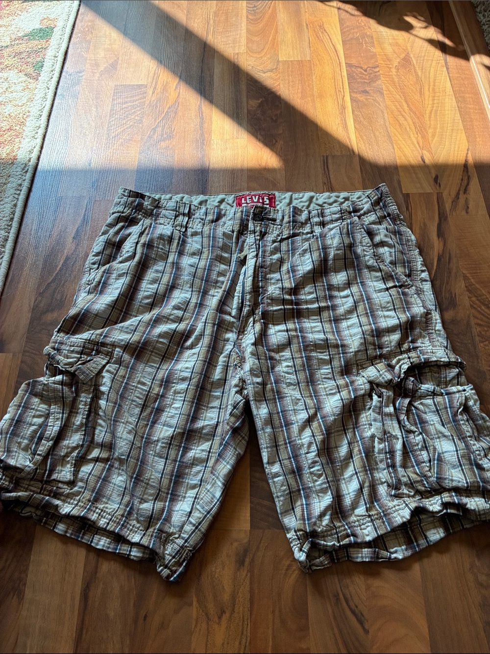 Levi's Men's Plaid Cargo Shorts in Tan and Blue